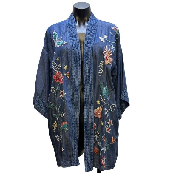 Johnny Was Sweaters - NWT Johnny Was Embroidered Denim-Style Open Cardigan M/L Blue Floral